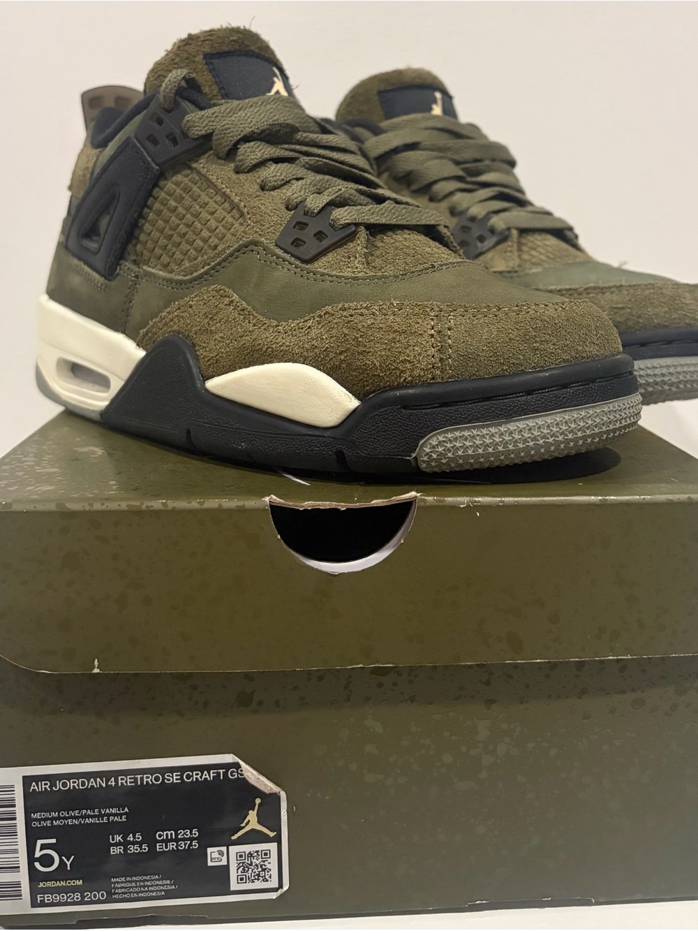 Air Jordan 4 Retro Olive Green Suede Basketball Sneakers 5 Youth